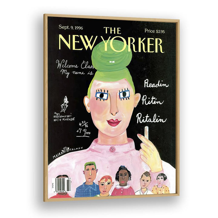 Painting By Maira Kalman Vintage Magazine Cover Artwork in Oak Wood Plain Frame