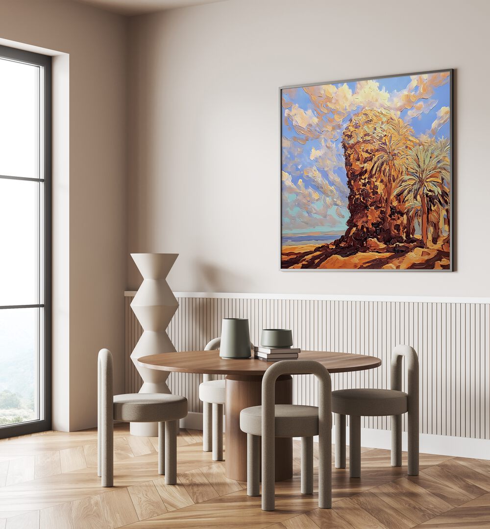 Luxurious artwork, PALMS BY THE SEA, enhances your home with coastal tranquility and beachside serenity.