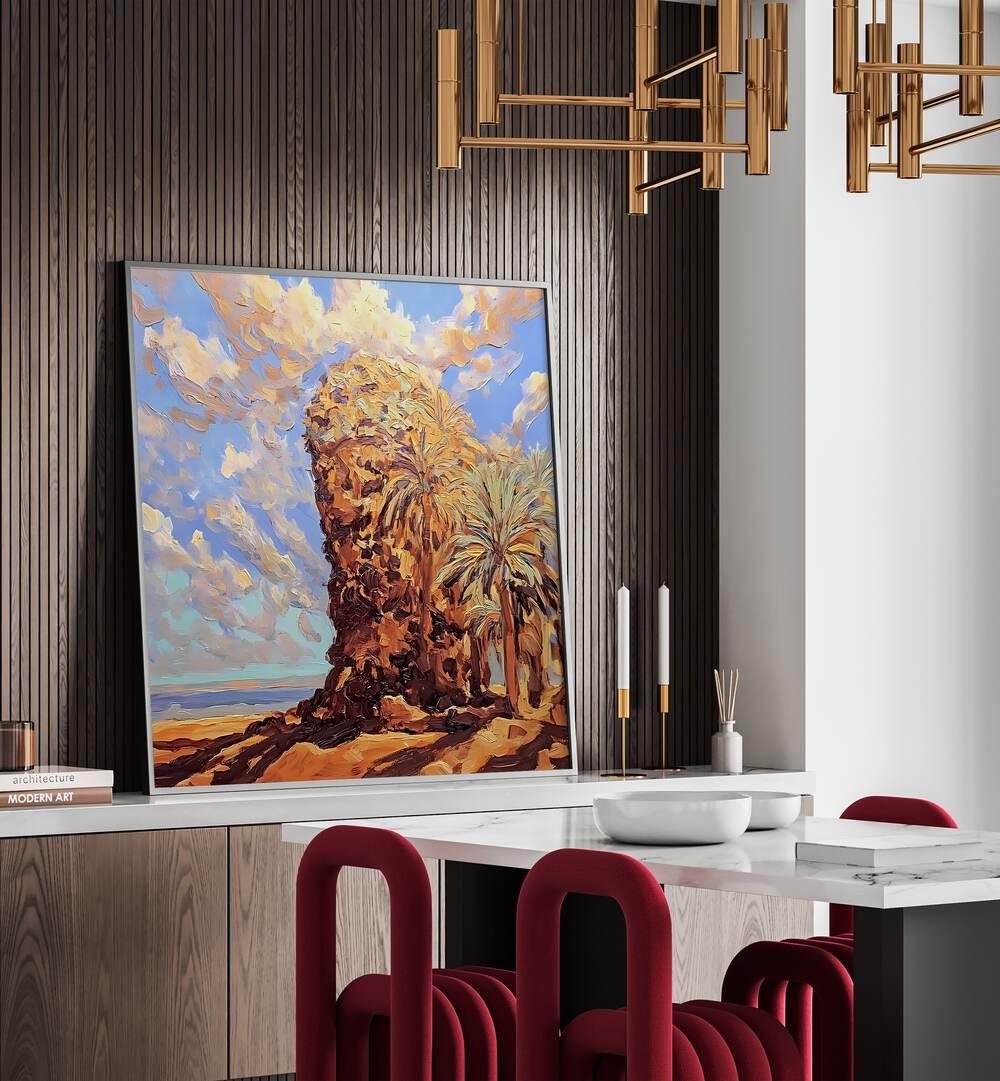 Luxurious wall art, PALMS BY THE SEA, enhancing coastal tranquility in modern home décor. Perfect for serene spaces.