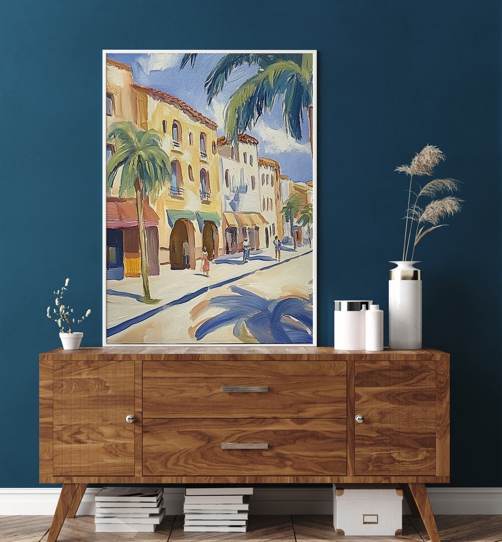 Vibrant Palm Trees on the Street print adds tropical elegance to your living space and brightens any wall art collection.