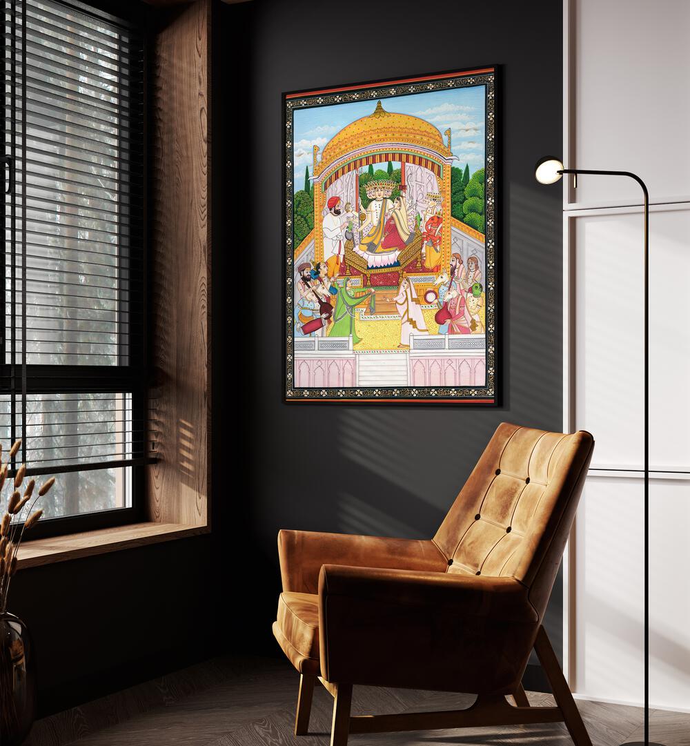 Panchmukhi Shiva Indian Art Painting Artwork in Black Plain Frame placed on a Dark Grey Wall next to a Chair in the Drawing Room