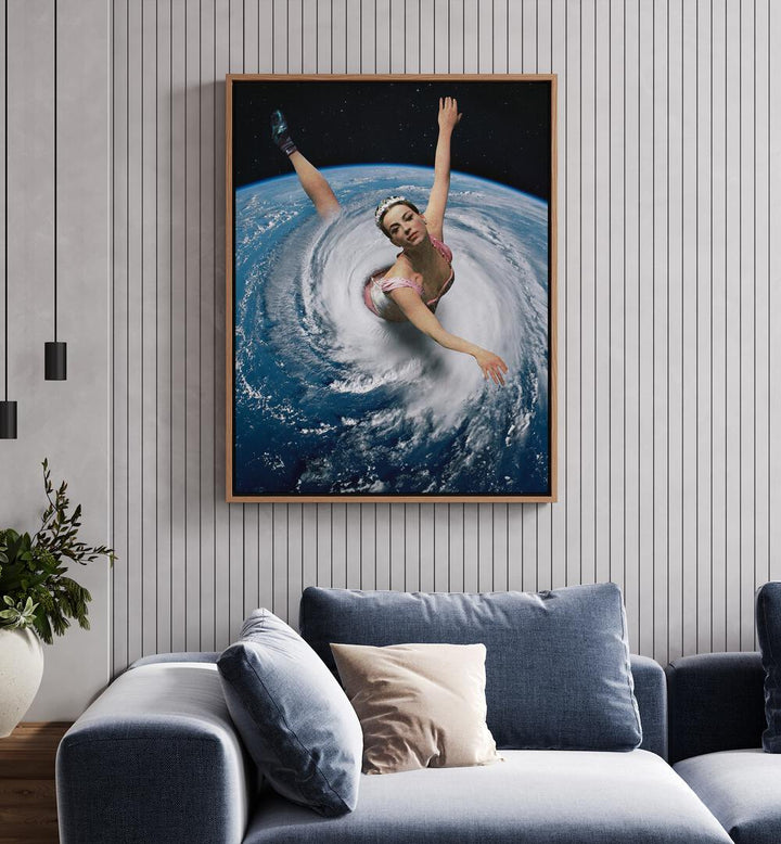 Pandemonium Pirouette Surreal Art Painting Artwork oakwood floater frame behind blue sofa on white wall