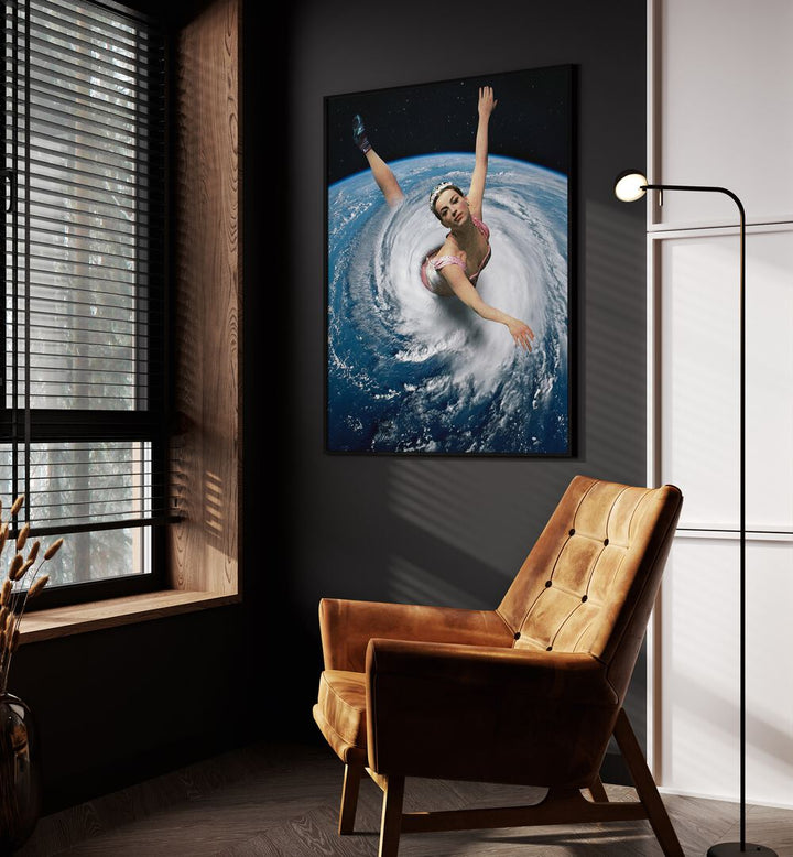 Pandemonium Pirouette Surreal Art Painting Artwork in plain black frame beside a window on black wall