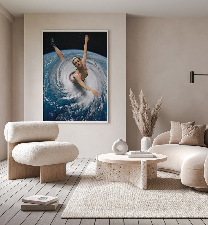 Pandemonium Pirouette Surreal Art Painting Artwork in plain white frame behind a sofa on beige wall