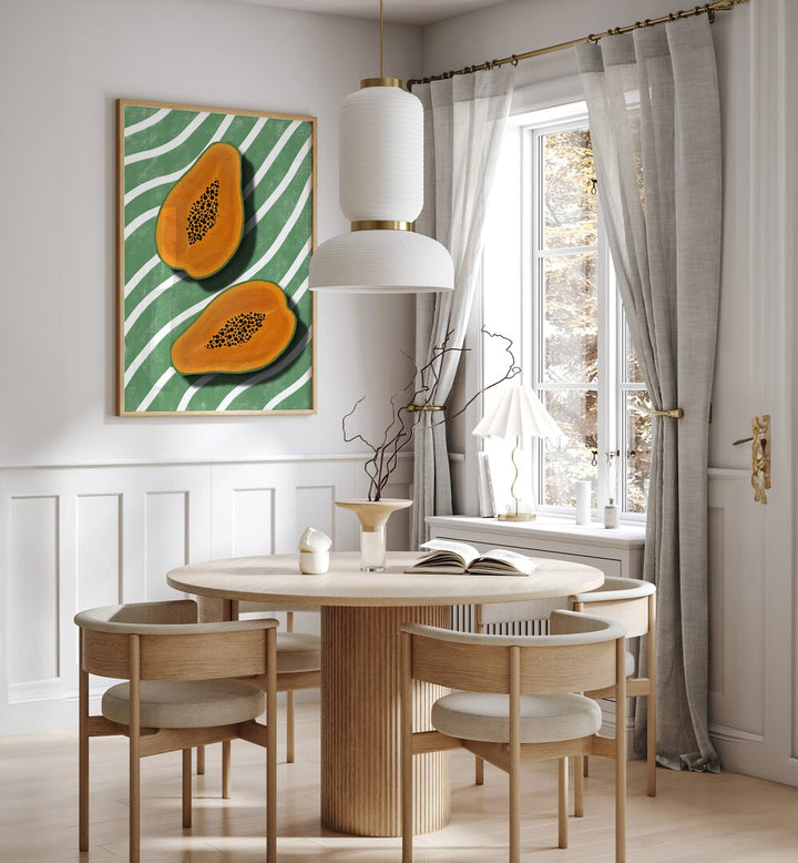 Vibrant PAPAYAS, KITCHEN POSTERS brighten a modern dining space with fresh decor and stylish design elements.