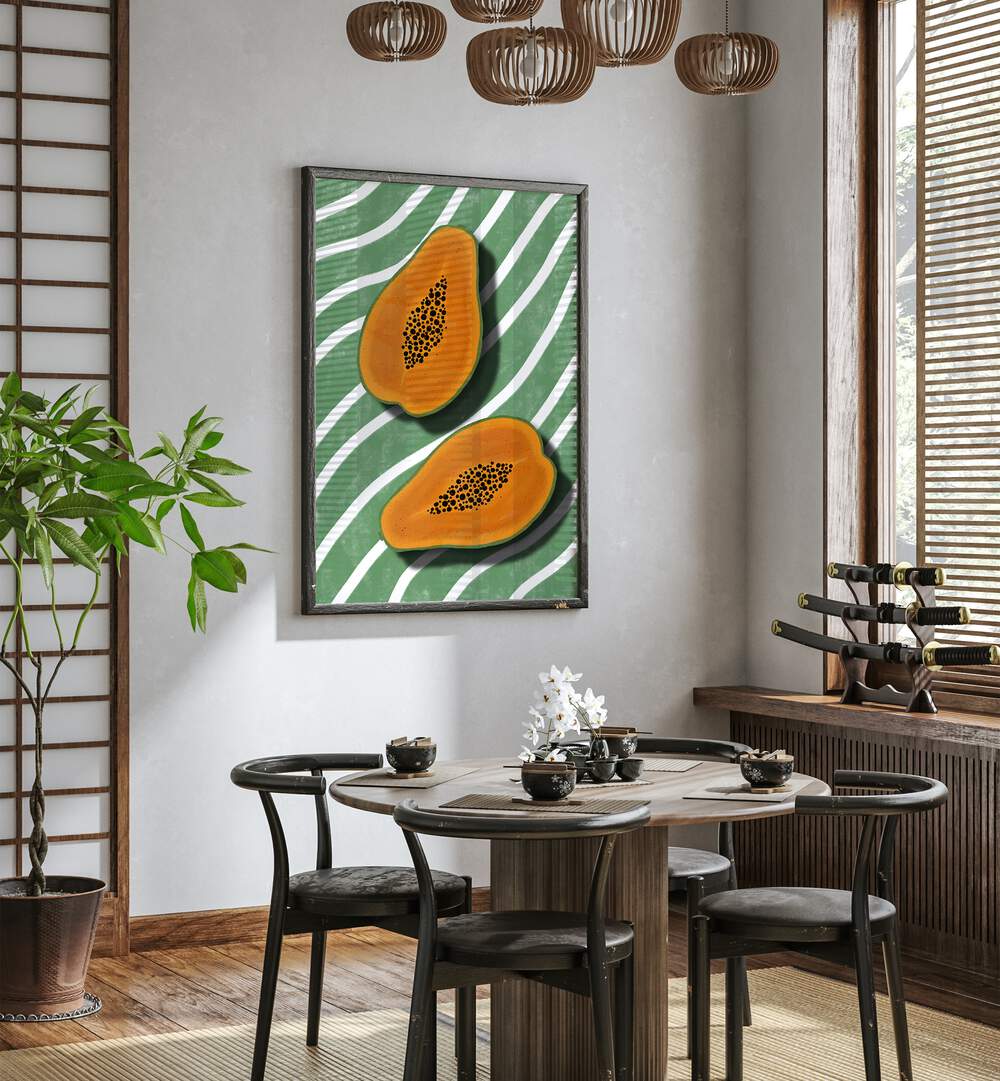 Vibrant PAPAYAS, KITCHEN POSTERS adorn a modern dining space, adding color and style to your kitchen decor.