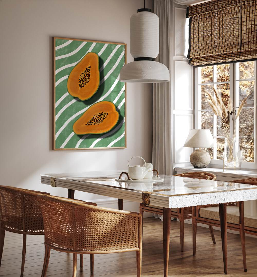 Stylish kitchen featuring PAPAYAS, KITCHEN POSTERS on the wall, enhancing the modern decor with vibrant colors.