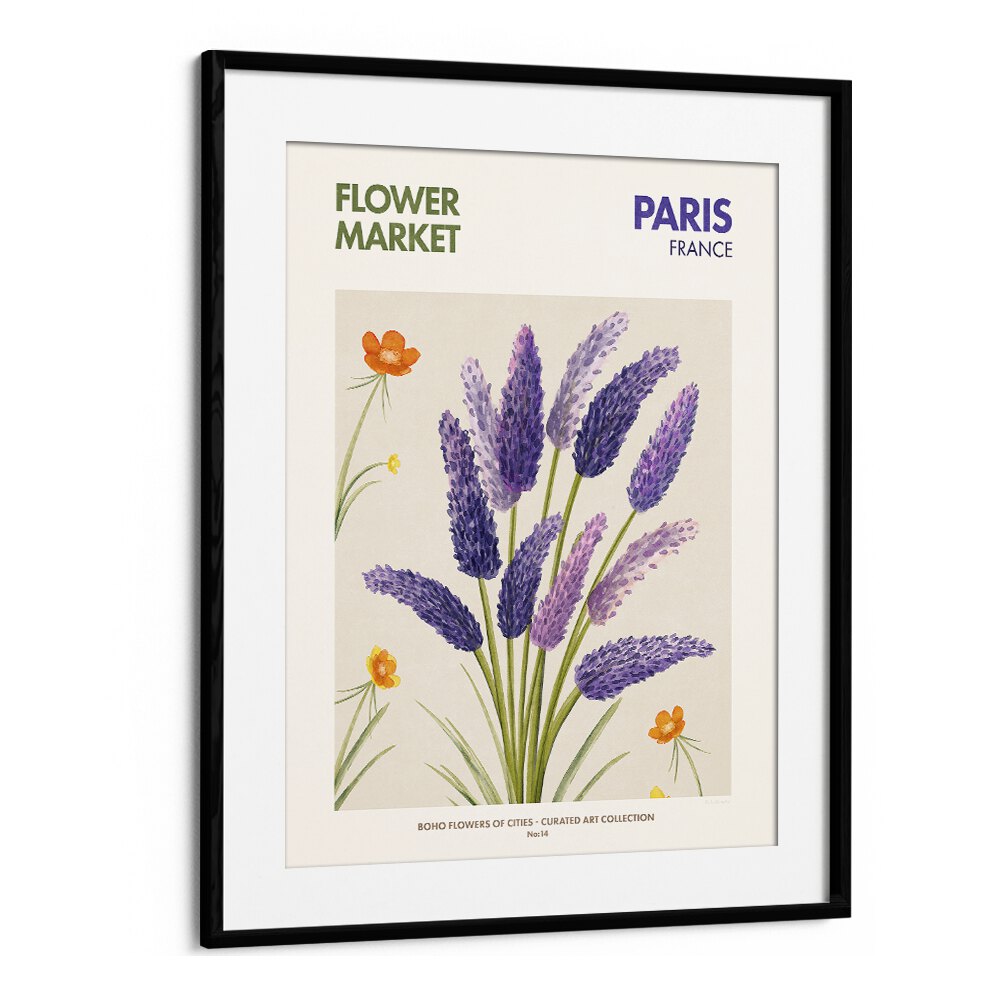 Paris-  Flower Market   Botanical Flower Paintings Artwork  in Black Frame With Mount