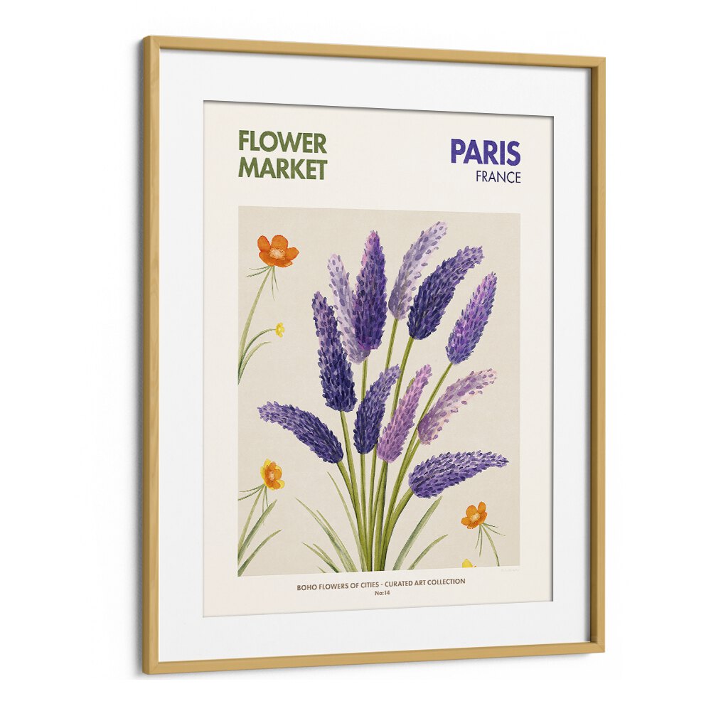 Paris-Flower Market Botanical Flower Paintings Artwork in Oak Wood Frame With Mount