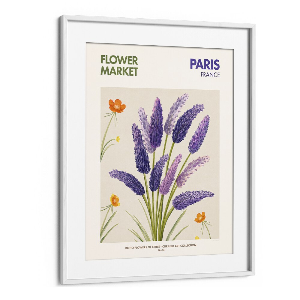 Paris- Flower Market  Botanical Flower Paintings Paintings Artwork  in White frame With Mount