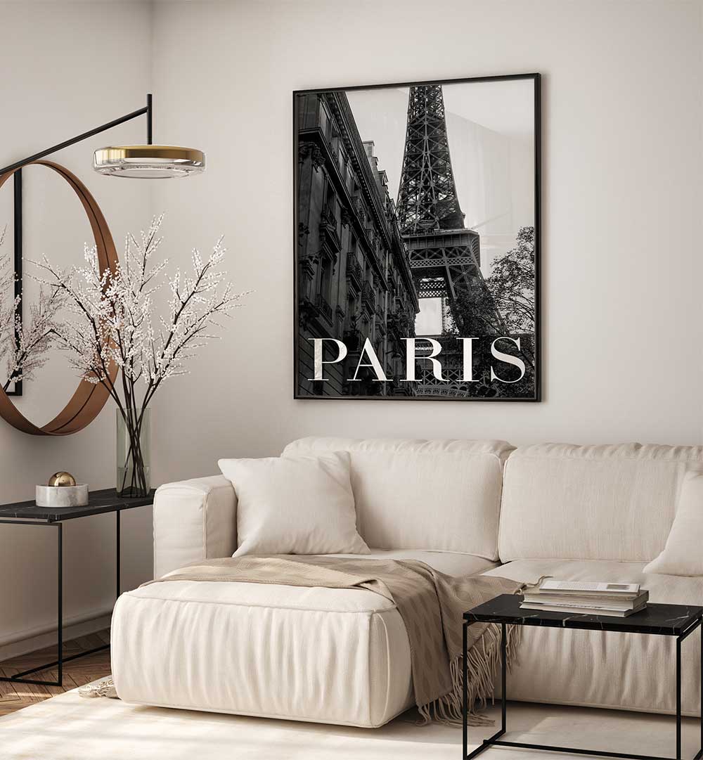 Stylish living room featuring PARIS TEXT I, TRAVEL POSTERS, showcasing iconic Paris architecture and ambiance.