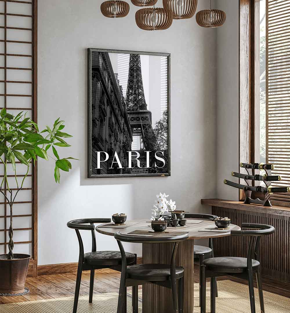 Stylish PARIS TEXT I, TRAVEL POSTERS adorn a modern dining space, showcasing Parisian elegance and charm.