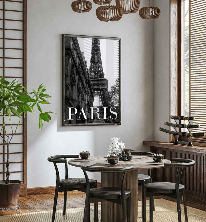 Stylish PARIS TEXT I, TRAVEL POSTERS adorn a modern dining space, showcasing Parisian elegance and charm.
