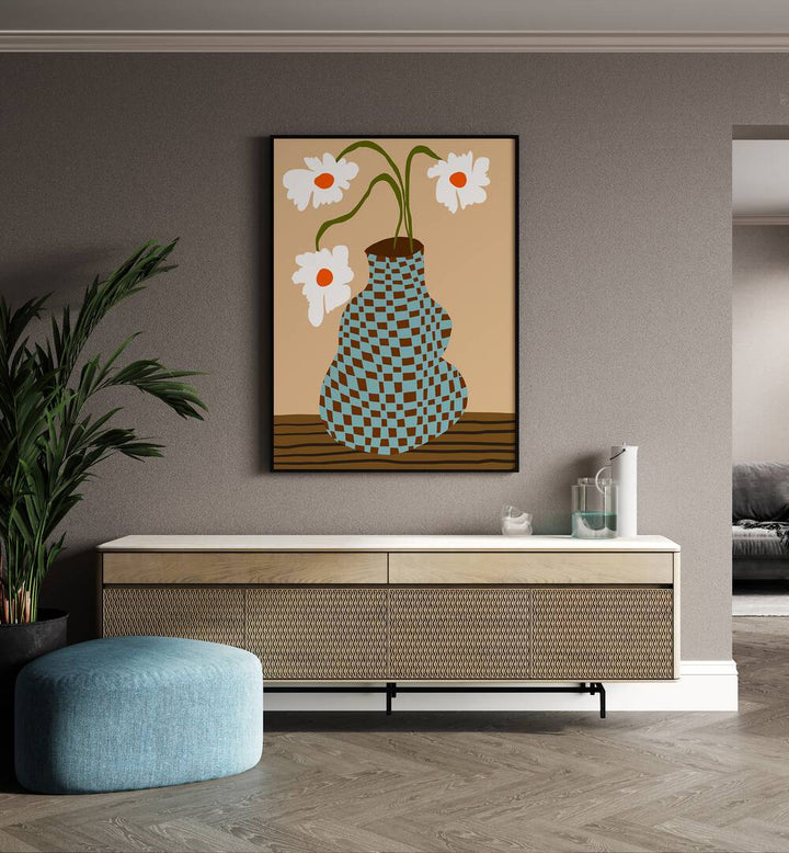 Party Floral Pottery, Botanical Art Paintings Artwork in Black Plain Frame
placed on a Beige Colored Wall
placed above a Console Table
in the Drawing Room
