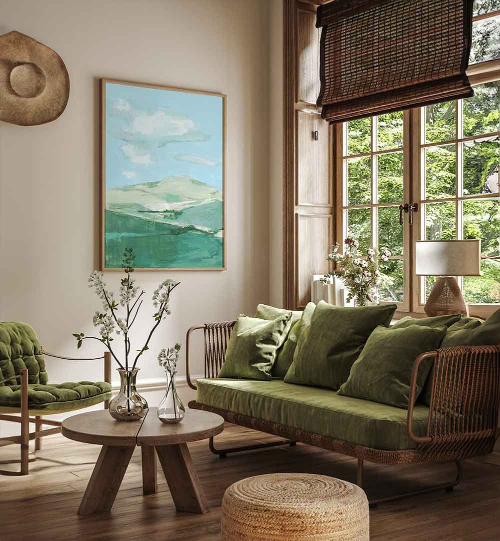 Bright and serene living room featuring PASTEL MEADOWS, LANDSCAPE PAINTINGS, enhancing the natural beauty of the space.