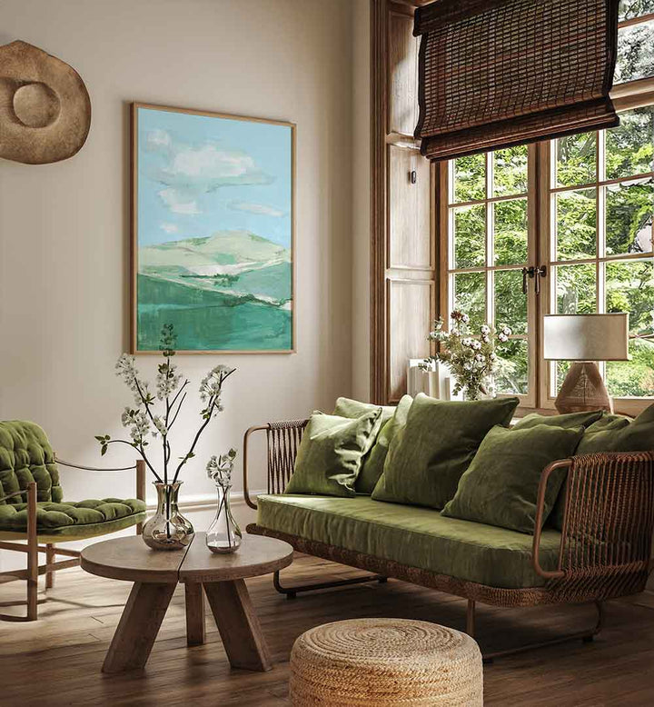 Bright and serene living room featuring PASTEL MEADOWS, LANDSCAPE PAINTINGS, enhancing the natural beauty of the space.