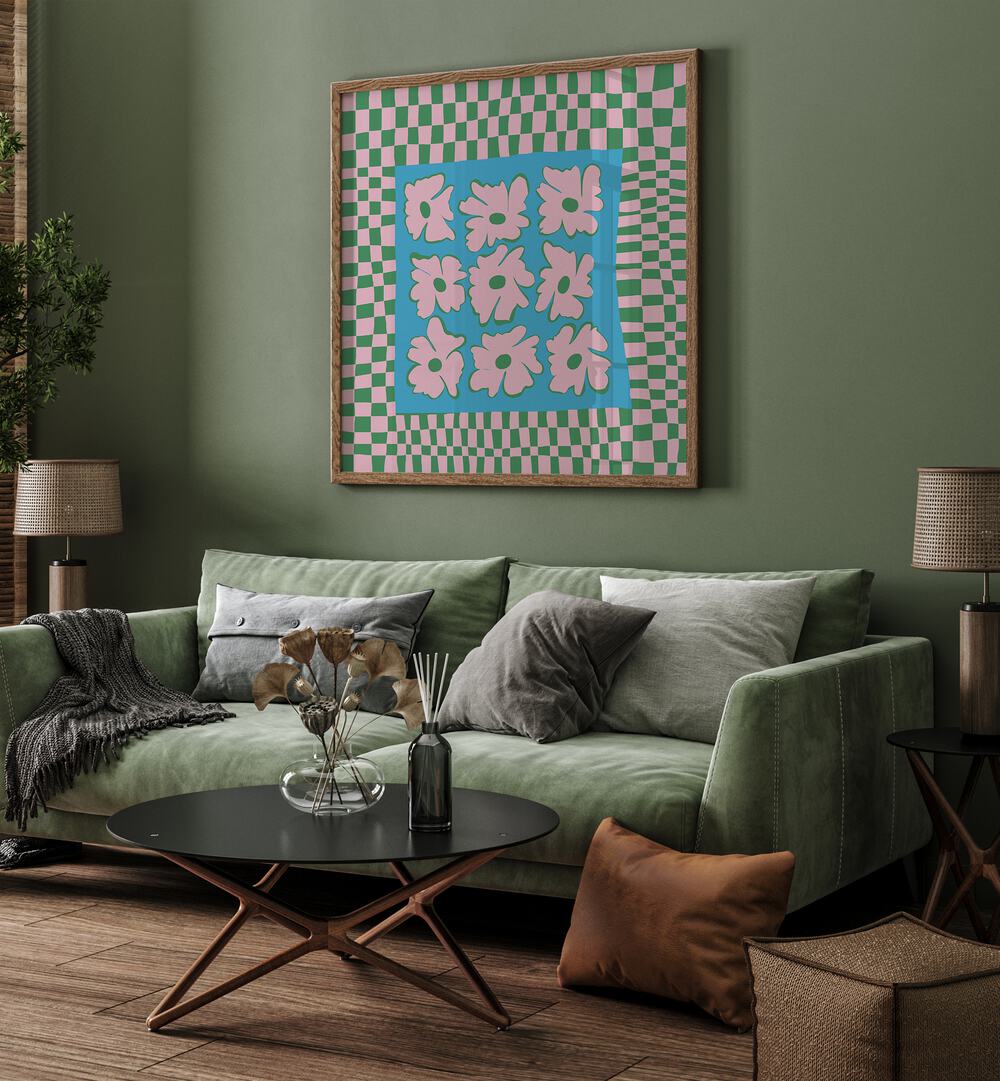 Pastel Nature Checkerboard, Botanical Art Paintings Artwork in Oak Wood Plain Frame  placed on a Green Colored Wall near a Green  Sofa in the Living Room



