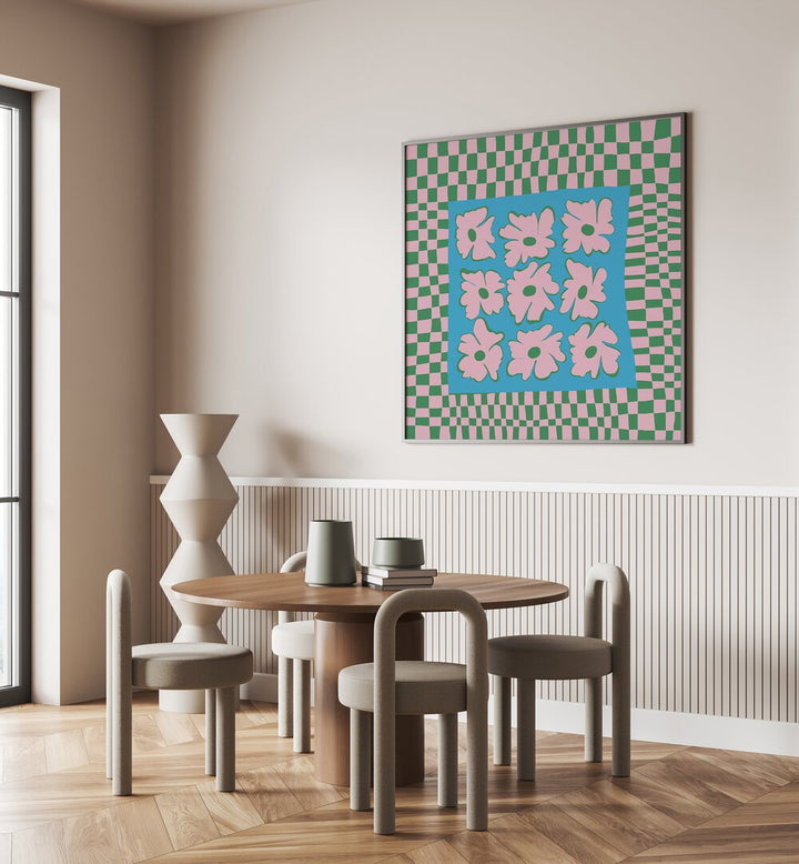 Pastel Nature Checkerboard, Botanical Art Paintings Artwork in Oak Wood Plain Frame
placed on a Cream Colored Wall
near a Dining Table
in the Dining Room
