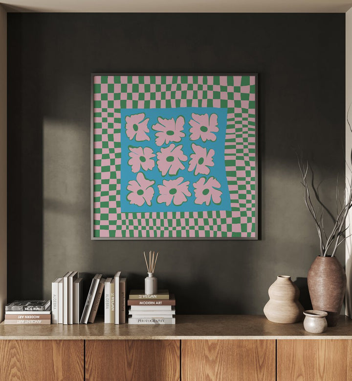 Pastel Nature Checkerboard, Botanical Art Paintings Artwork in Black Plain Frame
placed on a Dark Grey Colored Wall
placed above a Console Table
in the Drawing Room
