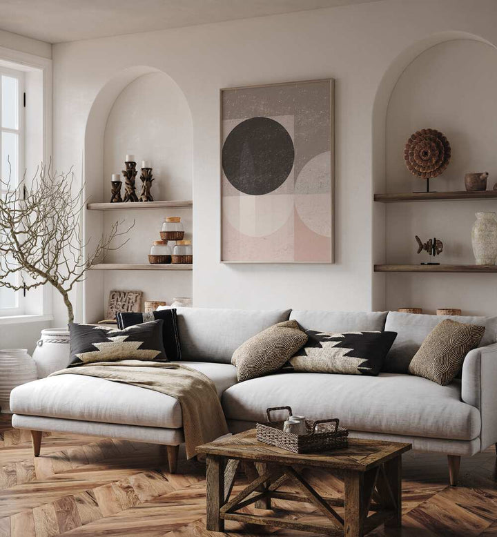 Stylish living room featuring PASTEL GEO, GEOMETRIC ART PRINTS on the wall, enhancing modern decor with elegance.