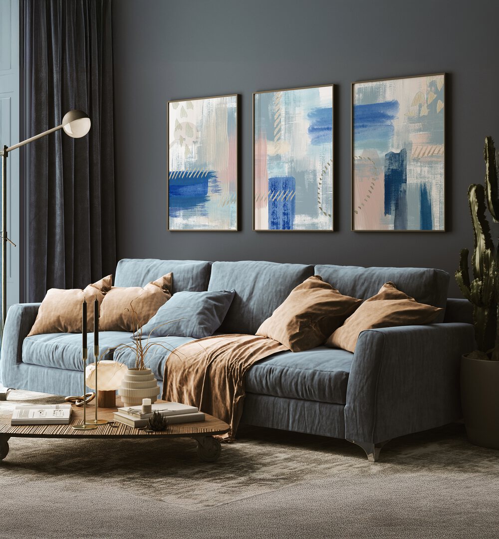 Transform your space with the PASTEL REVERIE SET, SET OF 3 PAINTINGS, capturing serene tranquility in art.
