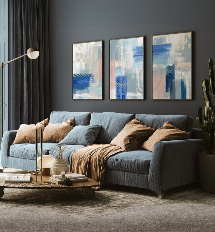 Transform your space with the PASTEL REVERIE SET, SET OF 3 PAINTINGS, capturing serene tranquility in art.