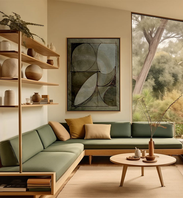 Stylish living room featuring PASTIME, ABSTRACT PAINTINGS, enhancing creativity with vibrant colors and dynamic shapes.