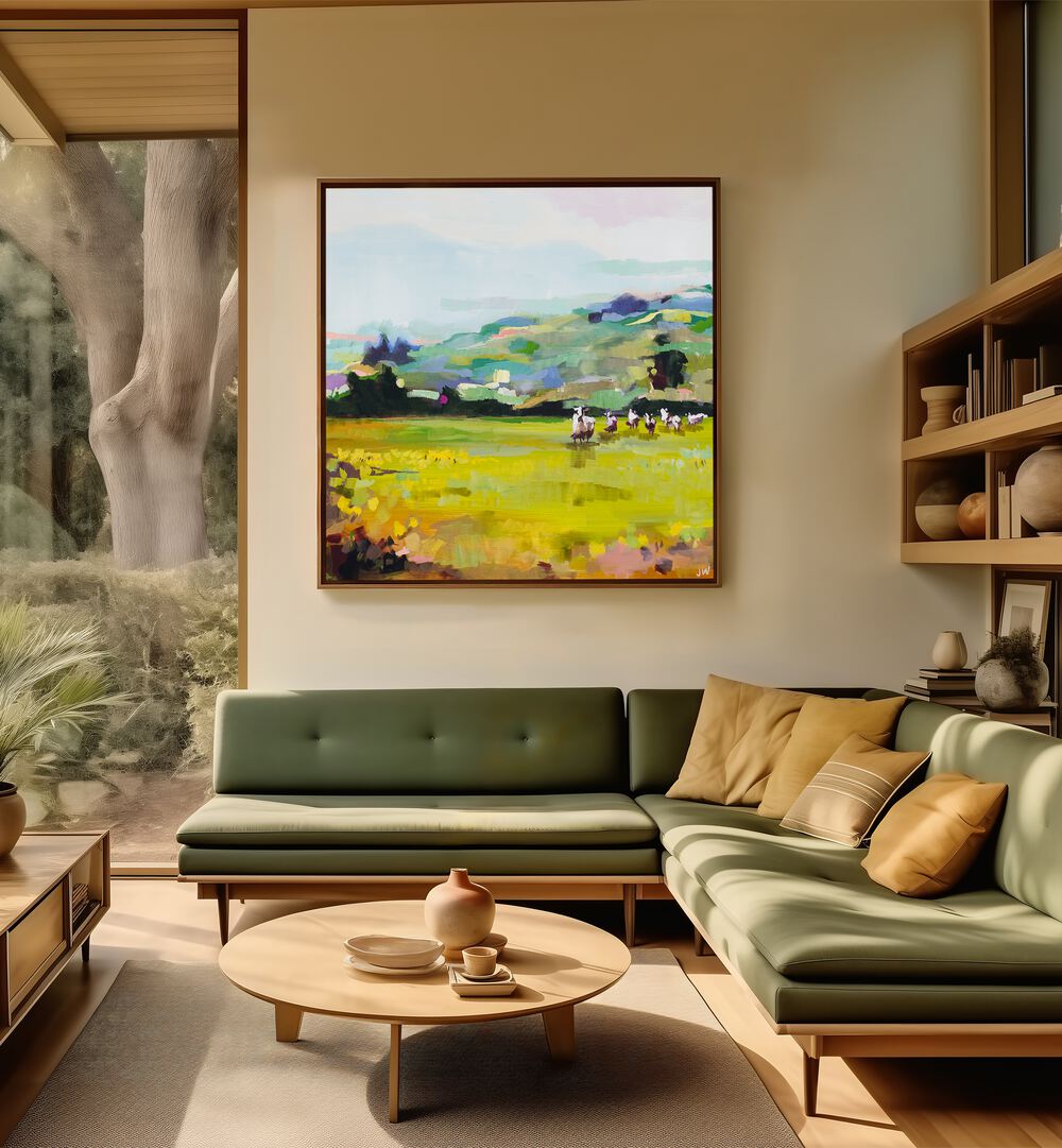 Bright and colorful PASTURE, LANDSCAPE PAINTINGS enhancing a modern living space with tranquility and beauty.