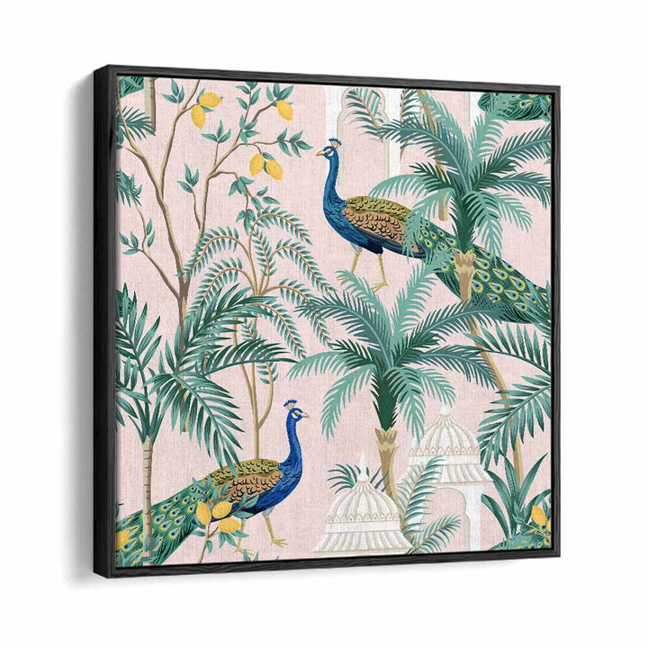 Peacock Amidst Mango Garden Indian art painting Artwork in Black Floater Frame