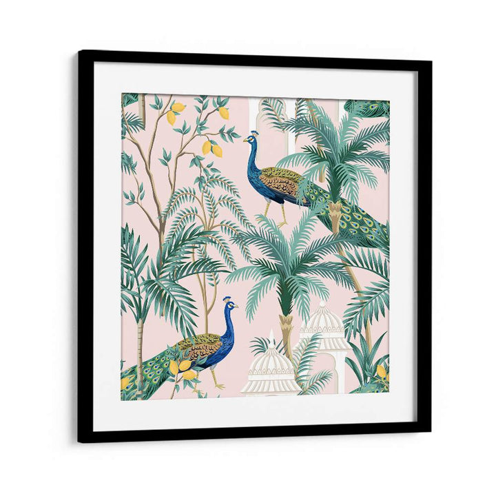 Peacock Amidst Mango Garden Indian art painting Artwork in Black Frame With Mount