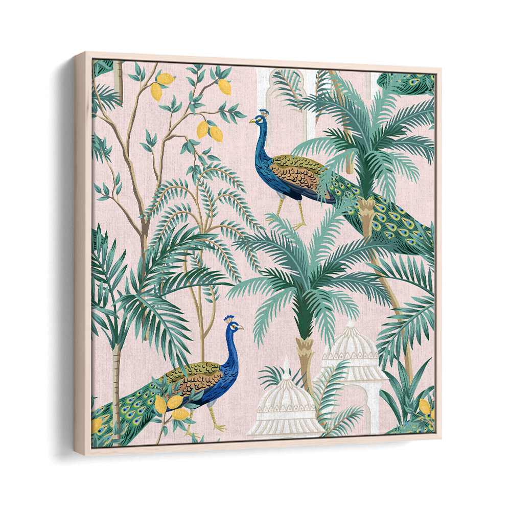 Peacock Amidst Mango Garden Indian art painting Artwork in Oak Wood Floater Frame