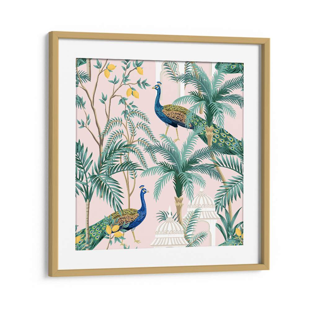 Peacock Amidst Mango Garden Indian art painting Artwork in Oak Wood Frame With Mount