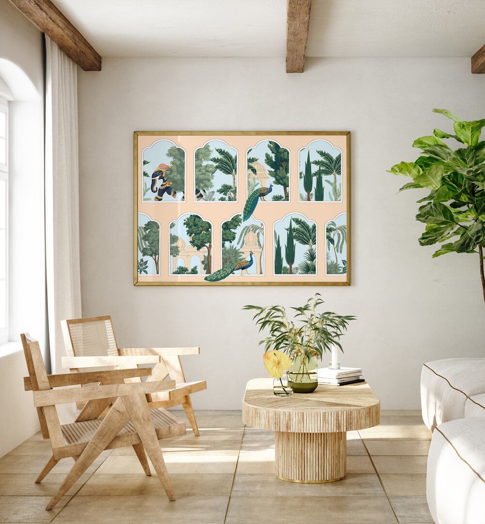 Peacock And Elephant An Indian Art Painting Artwork in Oak Wood Plain Frame placed on an Off White Wall near a Set of Wooden Chairs in the Drawing Room