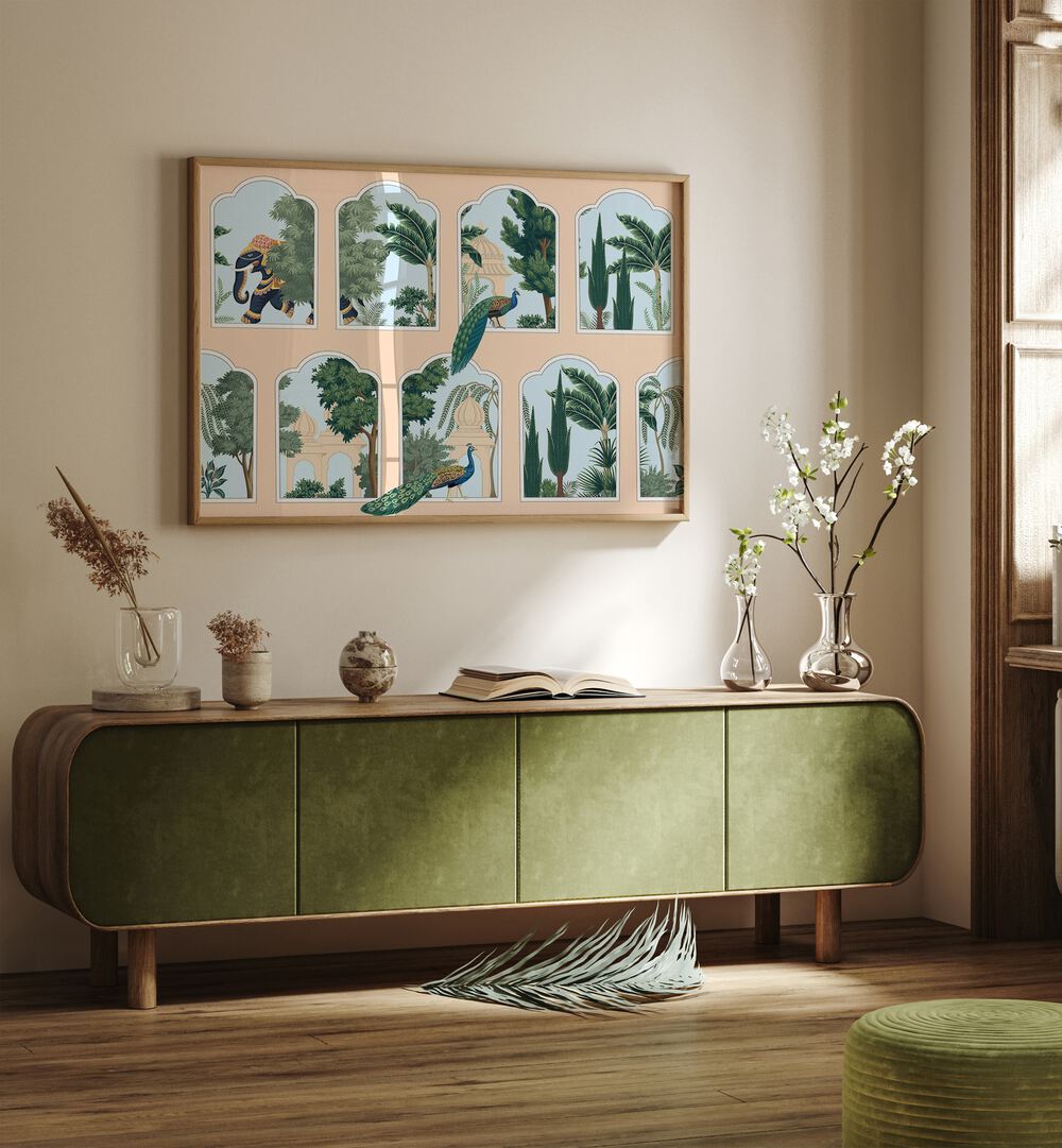 Peacock And Elephant An Indian Art Painting Artwork in Oak Wood Plain Frame placed on a Cream Colored Wall above A Green Colored Wooden Console Table in the Living Room