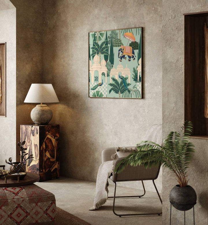 Peacock And Elephant Parade Indian Art Painting Artwork in Oak Wood Plain Frame placed on a dessert brown wall in the living room