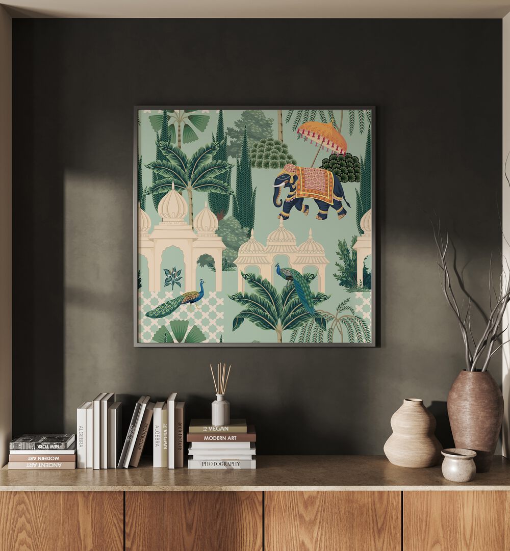 Peacock And Elephant Parade Indian Art Painting Artwork in Black Plain Frame placed on a dark grey wall above a wooden console table