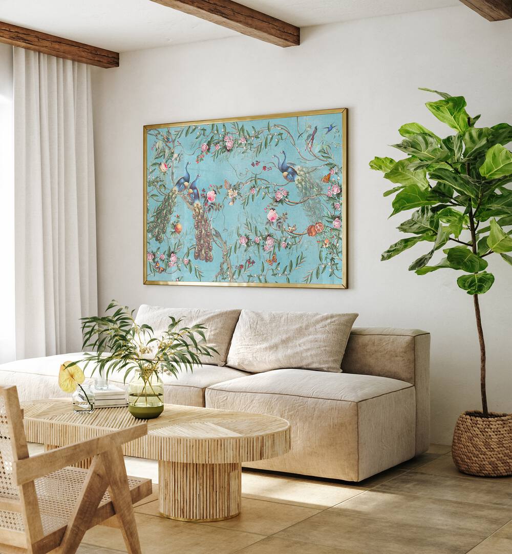 Peacock Blossom Artwork Indian Art Painting Artwork in plain gold frame behind a sofa for living room