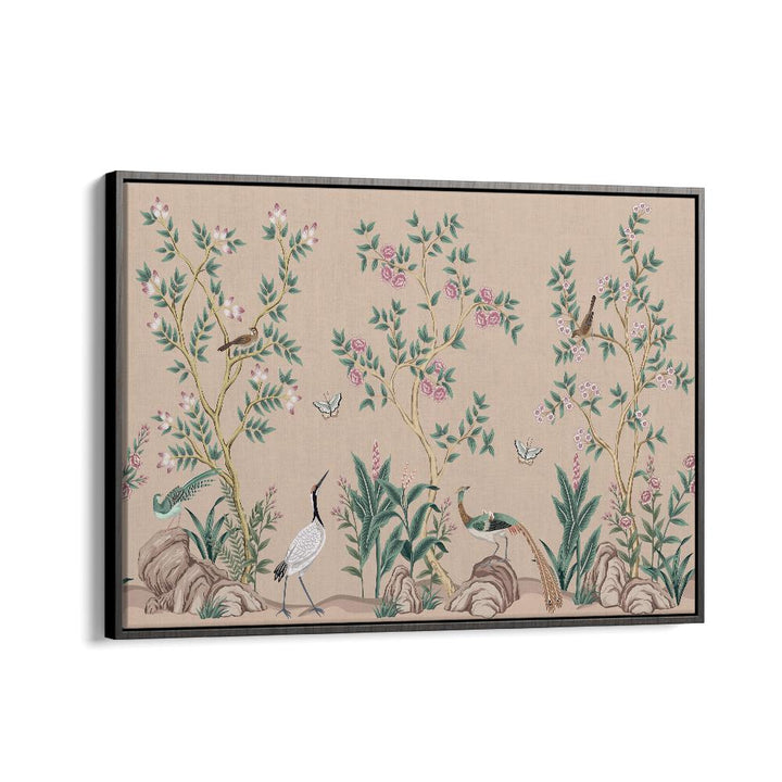 Peacocks And Birds Amidst Flower Garden II Indian art painting Artwork in Black Floater Frame