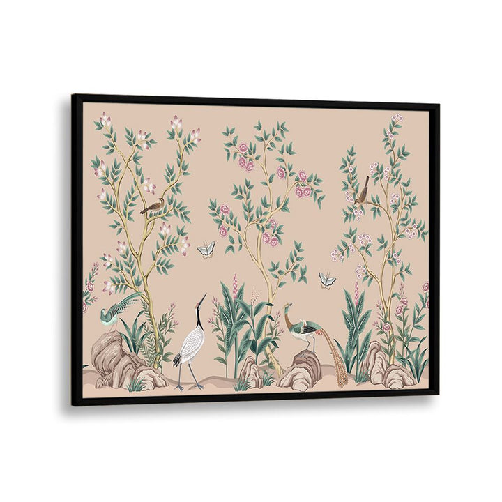 Peacocks And Birds Amidst Flower Garden II Indian art painting Artwork in Black Plain Frame