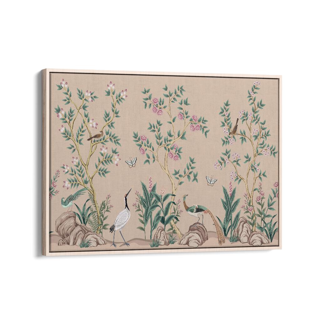 Peacocks And Birds Amidst Flower Garden II Indian art painting Artwork in Oak Wood Floater Frame