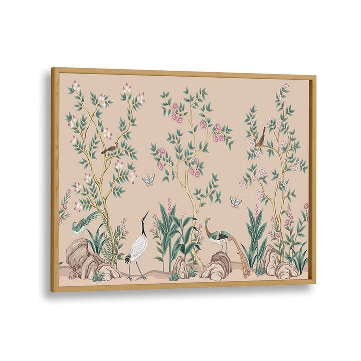 Peacocks And Birds Amidst Flower Garden II Indian art painting Artwork in Oak Wood Plain Frame