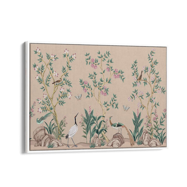 Peacocks And Birds Amidst Flower Garden II Indian art painting Artwork in White Floater Frame