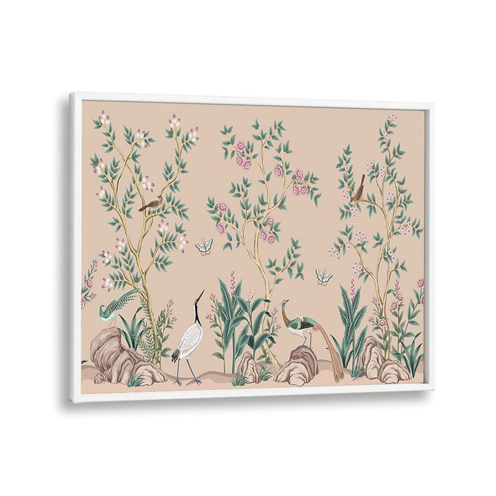 Peacocks And Birds Amidst Flower Garden II Indian art painting Artwork in White Plain Frame