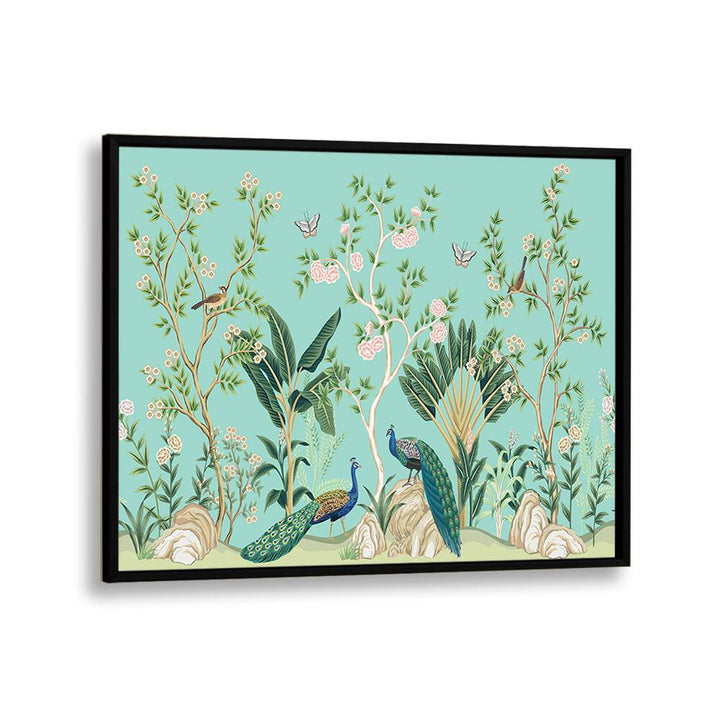 Peacocks And Birds Amidst Flower Garden III Indian art painting Artwork in Black Plain Frame