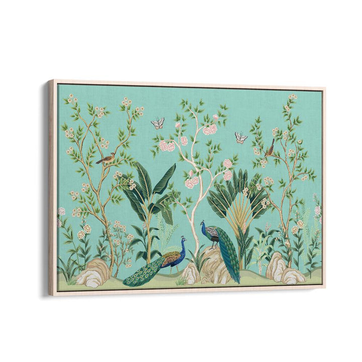 Peacocks And Birds Amidst Flower Garden III Indian art painting Artwork in Oak Wood Floater Frame