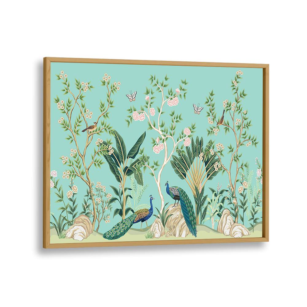 Peacocks And Birds Amidst Flower Garden III Indian art painting Artwork in Oak Wood Plain Frame