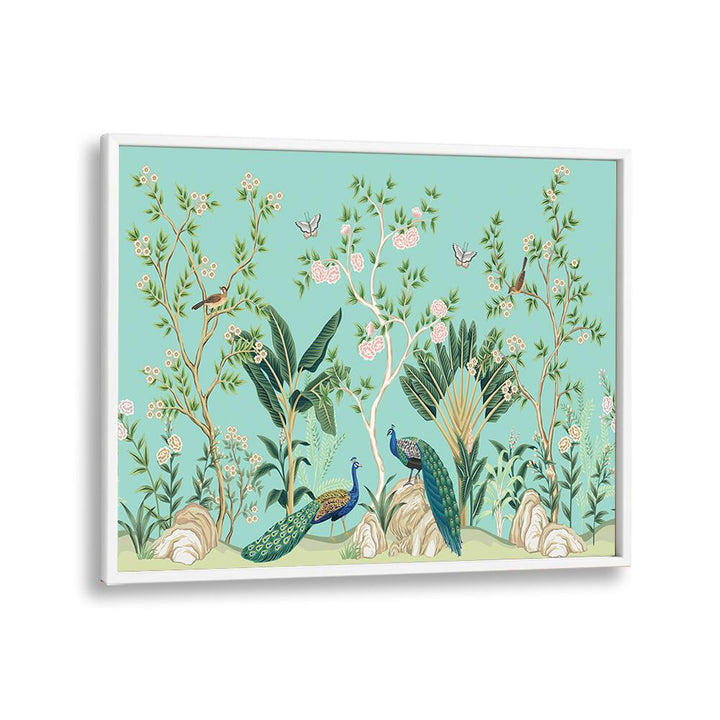 Peacocks And Birds Amidst Flower Garden III Indian art painting Artwork in White Plain Frame