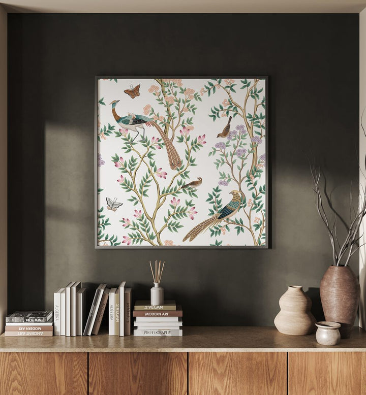 Peacocks And Birds In Flower Garden I Indian Art Painting Artwork in Black Plain Frame Placed on a dark grey Wall above a Wooden Console Table