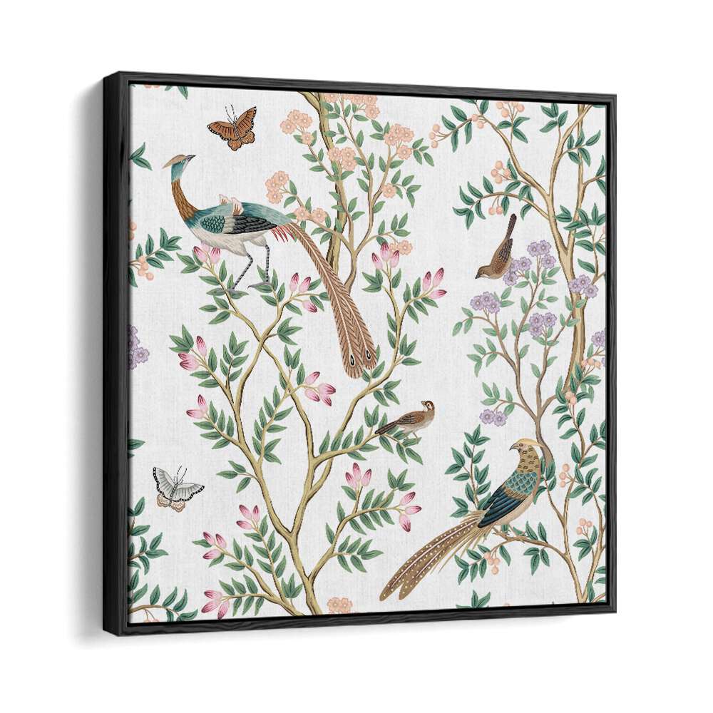 Peacocks And Birds In Flower Garden I Indian Art Painting Artwork in Black Floater Frame