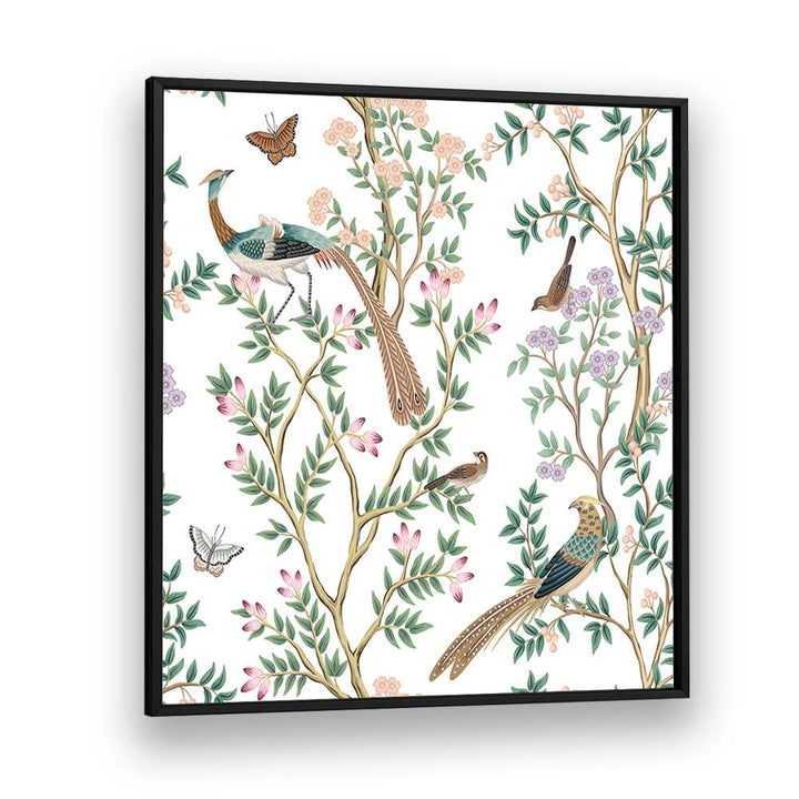 Peacocks And Birds In Flower Garden I Indian Art Painting Artwork in Black Plain Frame